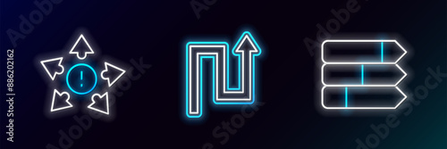 Set line Pie chart infographic, Many ways directional arrow and Arrow icon. Glowing neon. Vector
