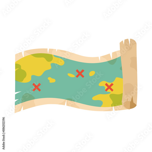古い羊皮紙に描かれた宝の地図。フラットなベクターイラスト。
Treasure map drawn on old parchment. Flat vector illustration.