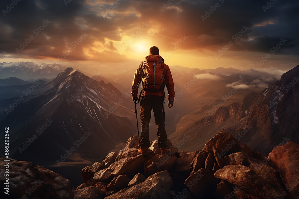 Hiker with backpack on the top of a mountain. 3d rendering Hiker with backpack on the top of a mountain. 3d rendering