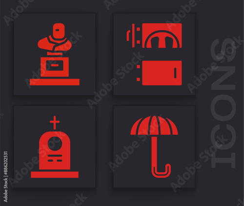 Set Umbrella, Grave with tombstone, Crematorium and Grave with tombstone icon. Vector