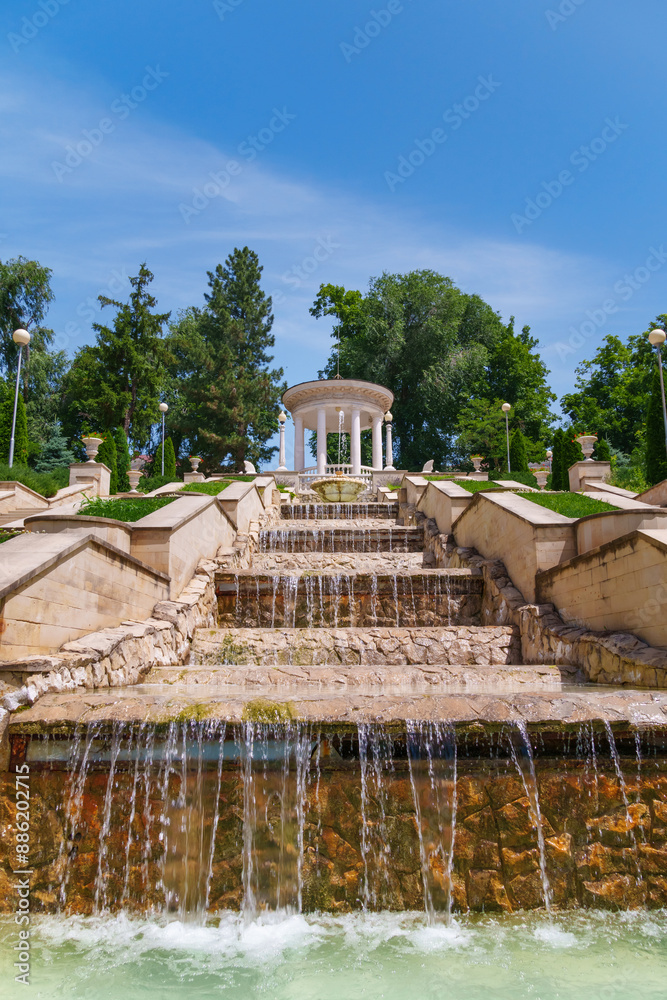 Obraz premium city park in summer season, beautiful view, nature with architecture and fountains