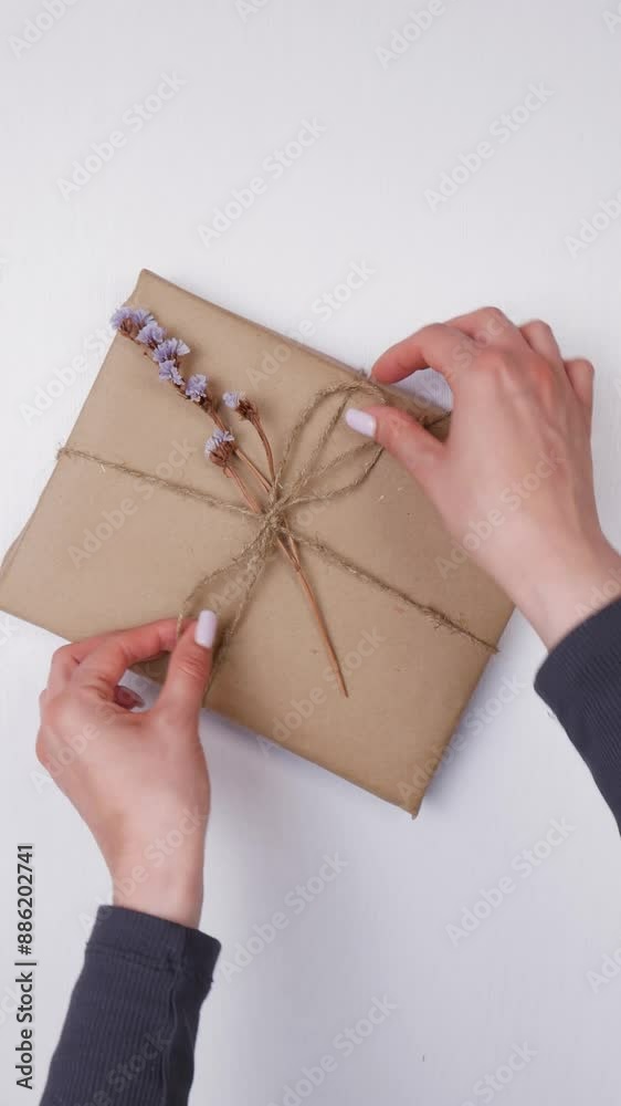 Women's hands decorate a gift in brown craft paper with a dried flower Women's hands decorate a gift in brown craft paper with a dried flower