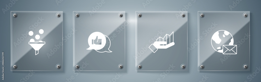 Set Earth globe with mail, Pie chart infographic, Customer product rating and Lead management. Square glass panels. Vector Set Earth globe with mail, Pie chart infographic, Customer product rating and Lead management. Square glass panels. Vector