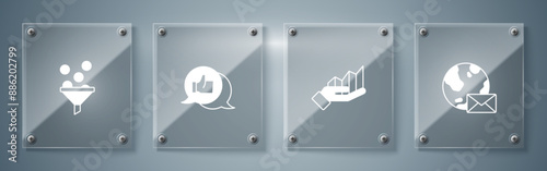 Set Earth globe with mail, Pie chart infographic, Customer product rating and Lead management. Square glass panels. Vector