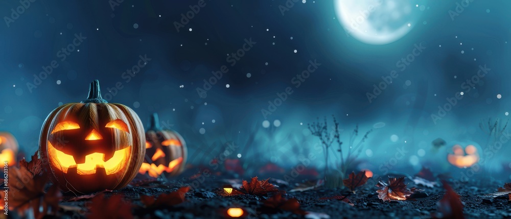 Fototapeta premium A field of pumpkins with a moon in the background