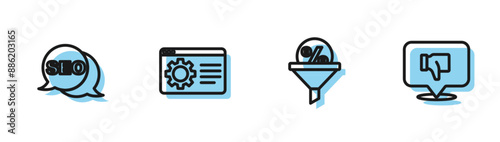 Set line Lead management, SEO optimization, Browser setting and Dislike speech bubble icon. Vector