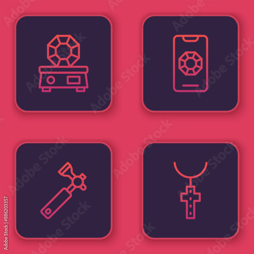 Set line Gem stone, Jewelers lupe, Jewelry online shopping and Christian cross chain. Blue square button. Vector