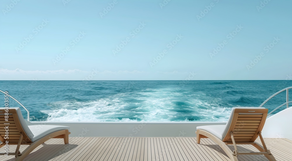 Fototapeta premium Luxury yacht sundeck with sun loungers, view of the ocean. Sailing fast with sea spray, blue sky, yachting holiday. 