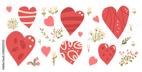 Heart shapes set. Donation and love symbols. Charity and kindness signs kit. Vector hand drawn flat collection illustration isolated on white background.