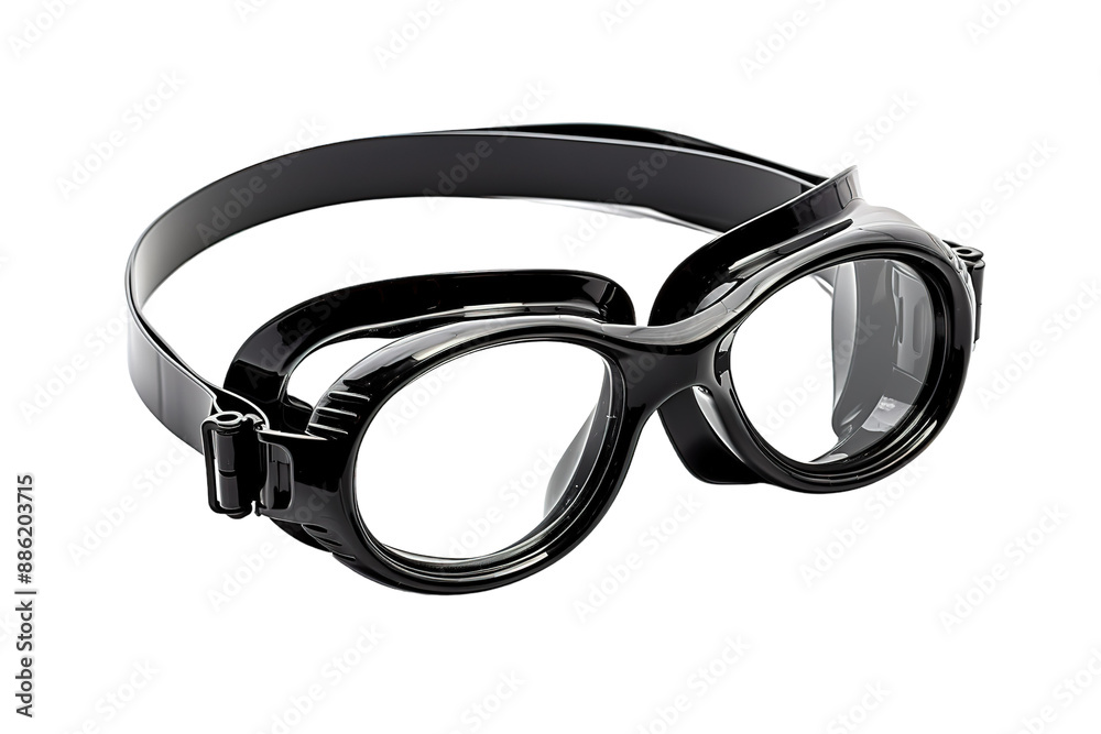 Sleek Black Goggles With Clear Lenses Ready For Swimming Fun on a White or Clear Surface PNG Transparent Background.