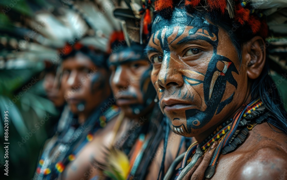 A group of indigenous people from the Amazon, adorned in traditional attire and face paint, stand together, their faces painted in intricate designs A group of indigenous people from the Amazon, adorned in traditional attire and face paint, stand together, their faces painted in intricate designs