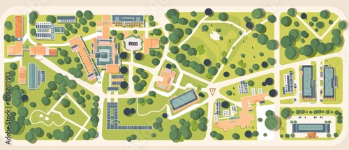 A map of a park with a large green area and a white building