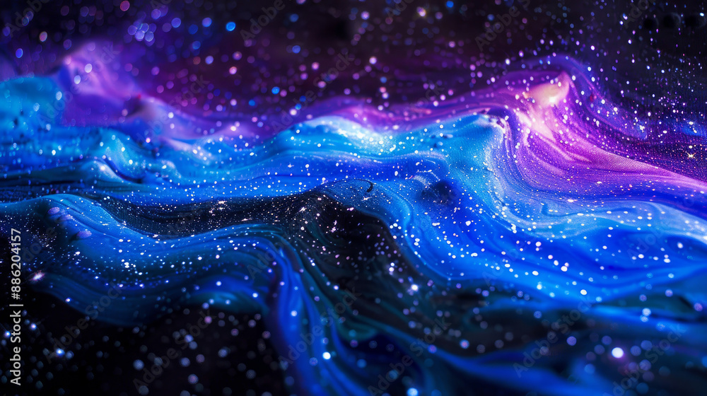 Neon lights dance across a black canvas, a cosmic wonderland of blue and purple hues. Stars burst in vibrant colors, painting an ethereal canvas that transports you to another realm.