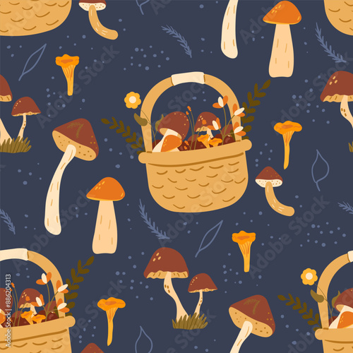 Picking mushrooms seamless pattern. Basket with fungus endless background. Myco adventure repeat ornament tile. Vector hand drawn illustration.