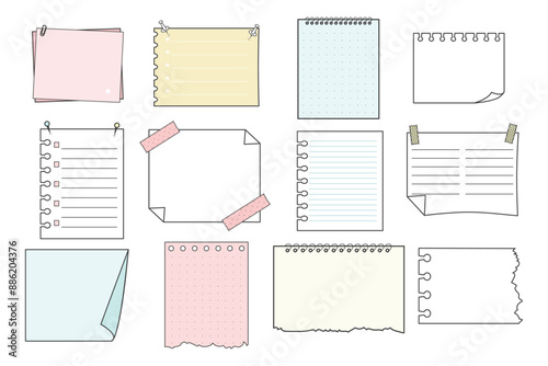 Memo sticky notes, sheet reminder, color office or school pages with tape, marks, pin, paperclip frames doodle style. Notebook bullet dairy list, funny retro drawing.