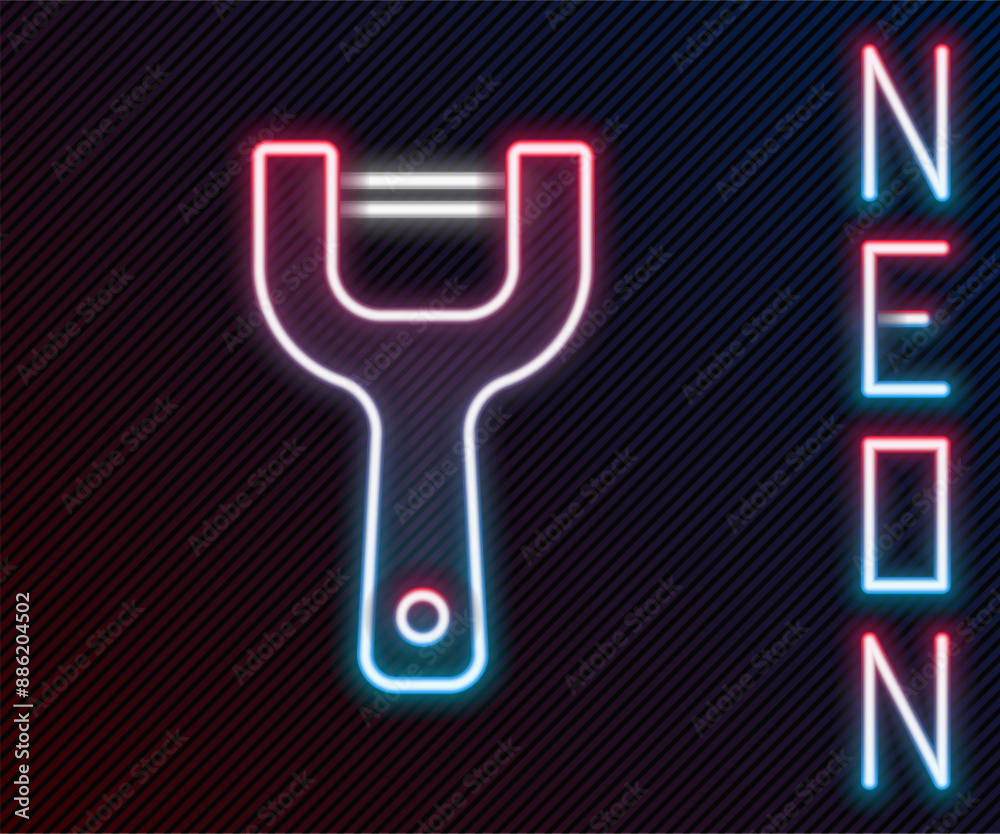 Glowing neon line Vegetable peeler icon isolated on black background. Knife for cleaning of vegetables. Kitchen item, appliance. Colorful outline concept. Vector Glowing neon line Vegetable peeler icon isolated on black background. Knife for cleaning of vegetables. Kitchen item, appliance. Colorful outline concept. Vector