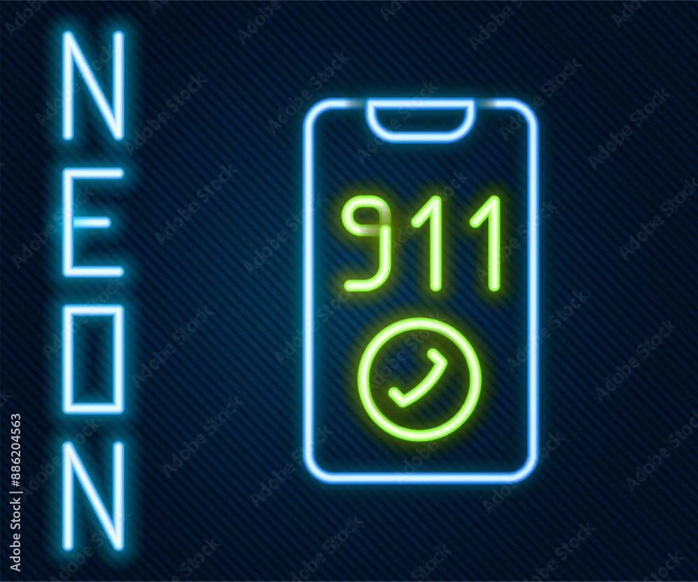 Glowing neon line Telephone with emergency call 911 icon isolated on black background. Police, ambulance, fire department, call, phone. Colorful outline concept. Vector