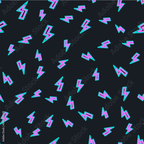 Line Lightning bolt icon isolated seamless pattern on black background. Flash sign. Charge flash icon. Thunder bolt. Lighting strike. Vector