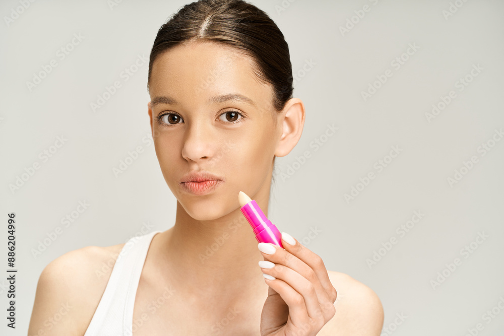 Elegant teenage girl in trendy clothes holds a pink lipstick in hand. Elegant teenage girl in trendy clothes holds a pink lipstick in hand.