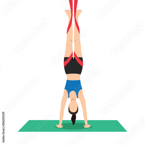 Woman doing Handstand Pose Aerial or Adho Mukha Vrksasana Aerial yoga exercise. Flat vector illustration isolated on white background