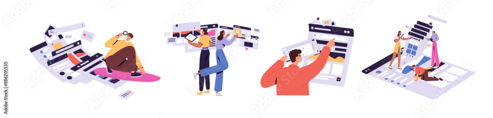 People using websites set. Designers' team does interface design of app. SEO does research, analysis. Characters search information in internet. Flat isolated vector illustrations on white background