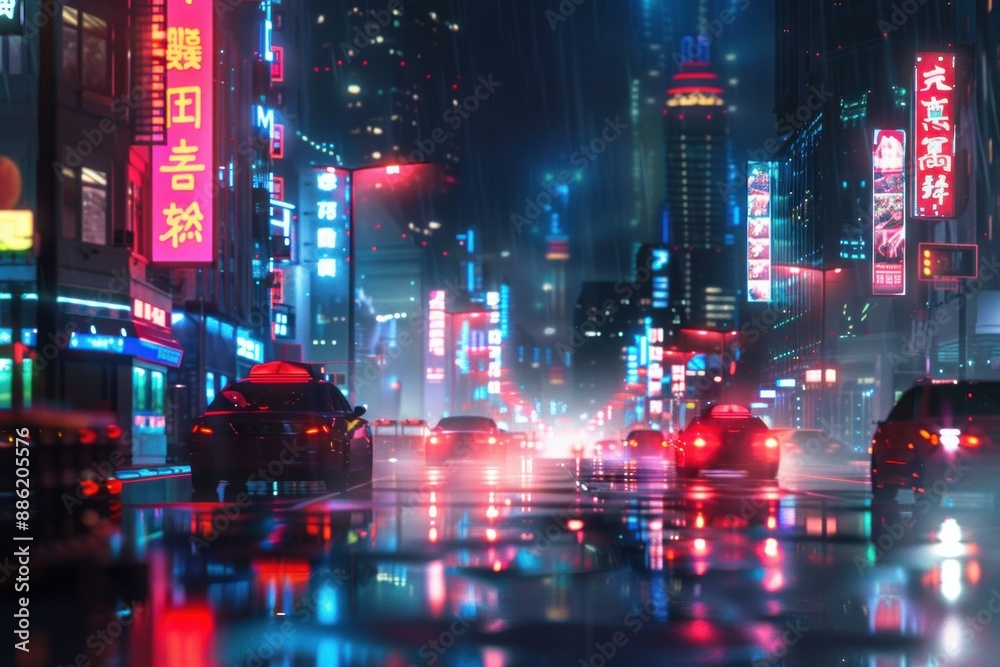 Taxi is driving down a busy city street at night in the rain, with neon signs reflecting in the wet asphalt Taxi is driving down a busy city street at night in the rain, with neon signs reflecting in the wet asphalt