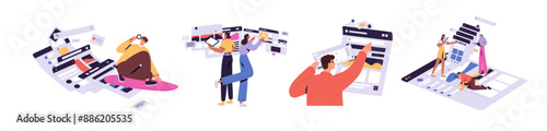 People using websites set. Designers' team does interface design of app. SEO does research, analysis. Characters search information in internet. Flat isolated vector illustrations on white background