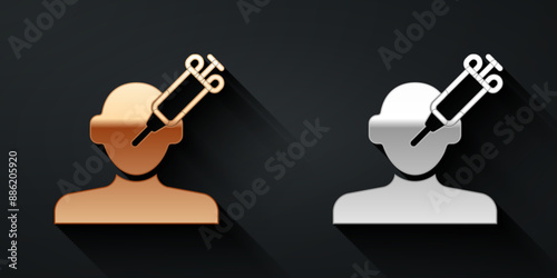 Gold and silver Addiction to the drug icon isolated on black background. Heroin, narcotic, addiction, illegal. Sick junkie with a syringe and medical pills. Long shadow style. Vector