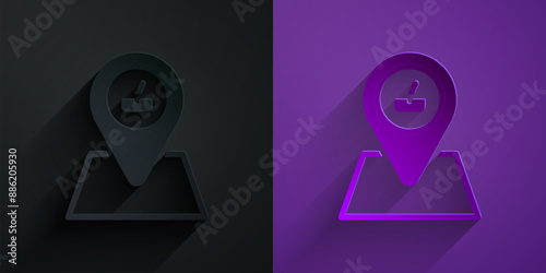 Paper cut Picnic location icon isolated on black on purple background. Paper art style. Vector