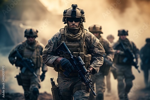 Navy Special forces soldiers in action on war foggy day photo