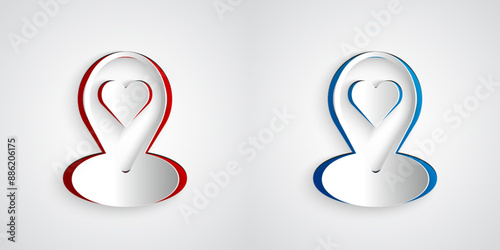 Paper cut Map pointer with heart icon isolated on grey background. Valentines day. Love location. Romantic map pin. Paper art style. Vector