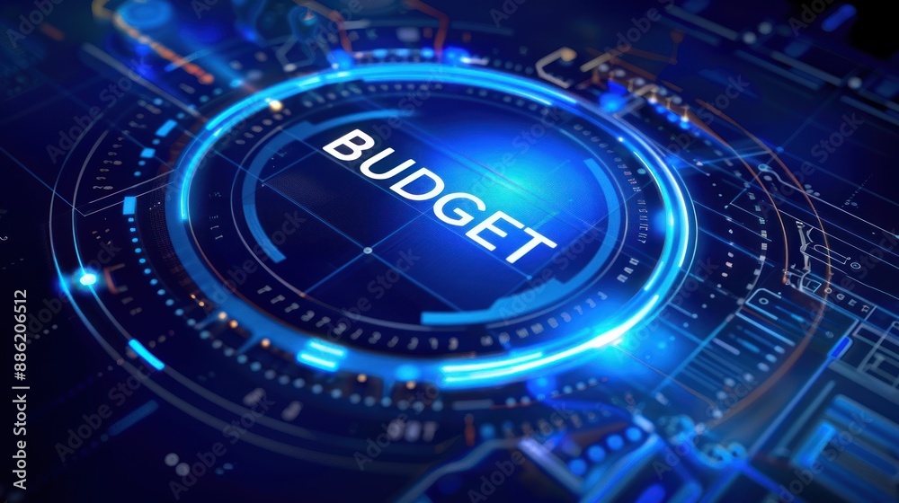 A blue digital background with glowing text budget illustrating budget concept A blue digital background with glowing text budget illustrating budget concept