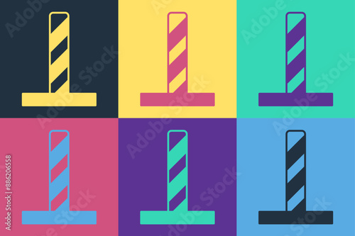 Pop art Cat scratching post with toy icon isolated on color background. Vector