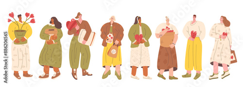 Set of volunteers . Charity kit. People with heart symbols. Activists of non profit organization collection. Vector hand drawn flat collection illustration isolated on white background.