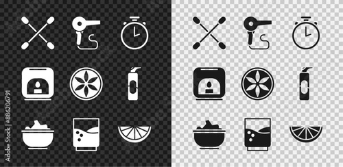 Set Cotton swab for ears, Hair dryer, Stopwatch, Sea salt in bowl, Glass with water, Citrus fruit, Aroma lamp and Leaf plant nature icon. Vector