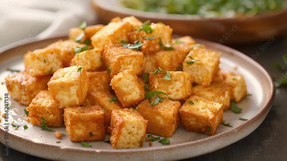 A plate of golden brown crispy tofu cubes fried in avocado oil. A plate of golden brown crispy tofu cubes fried in avocado oil.