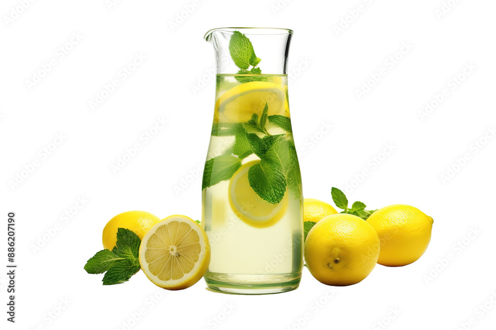 Fototapeta premium Refreshing Summer Lemonade With Mint And Lemon Slices on a White or Clear Surface PNG Transparent Background.