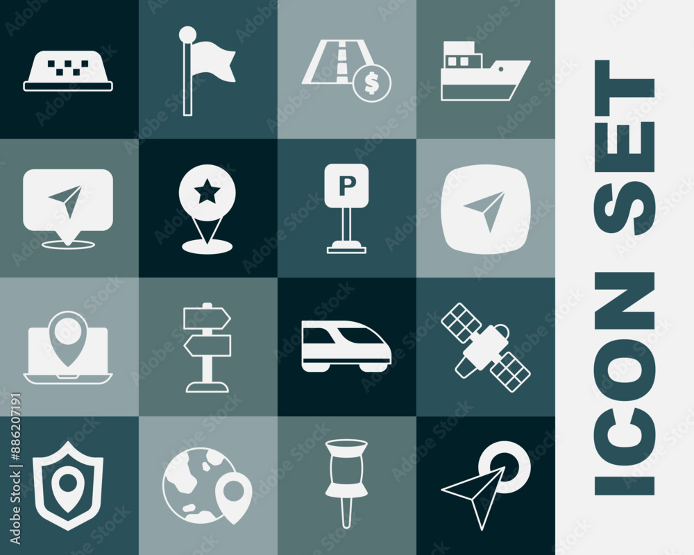 Set Infographic of city map navigation, Satellite, Toll road traffic sign, Map pointer with star, Taxi car roof and Parking icon. Vector Set Infographic of city map navigation, Satellite, Toll road traffic sign, Map pointer with star, Taxi car roof and Parking icon. Vector
