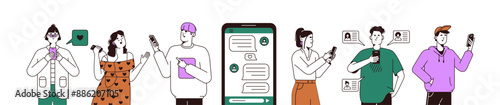 People communicate with smartphones set. Men and women texting messages in social media with mobile phones. Characters with cellphones, telephones. Flat isolated contour vector illustrations on white