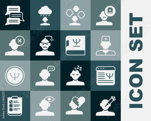Set Addiction to the drug, Online psychological counseling, Male doctor, Schizophrenia, Concussion, headache, Solution problem psychology, and Psychology book icon. Vector