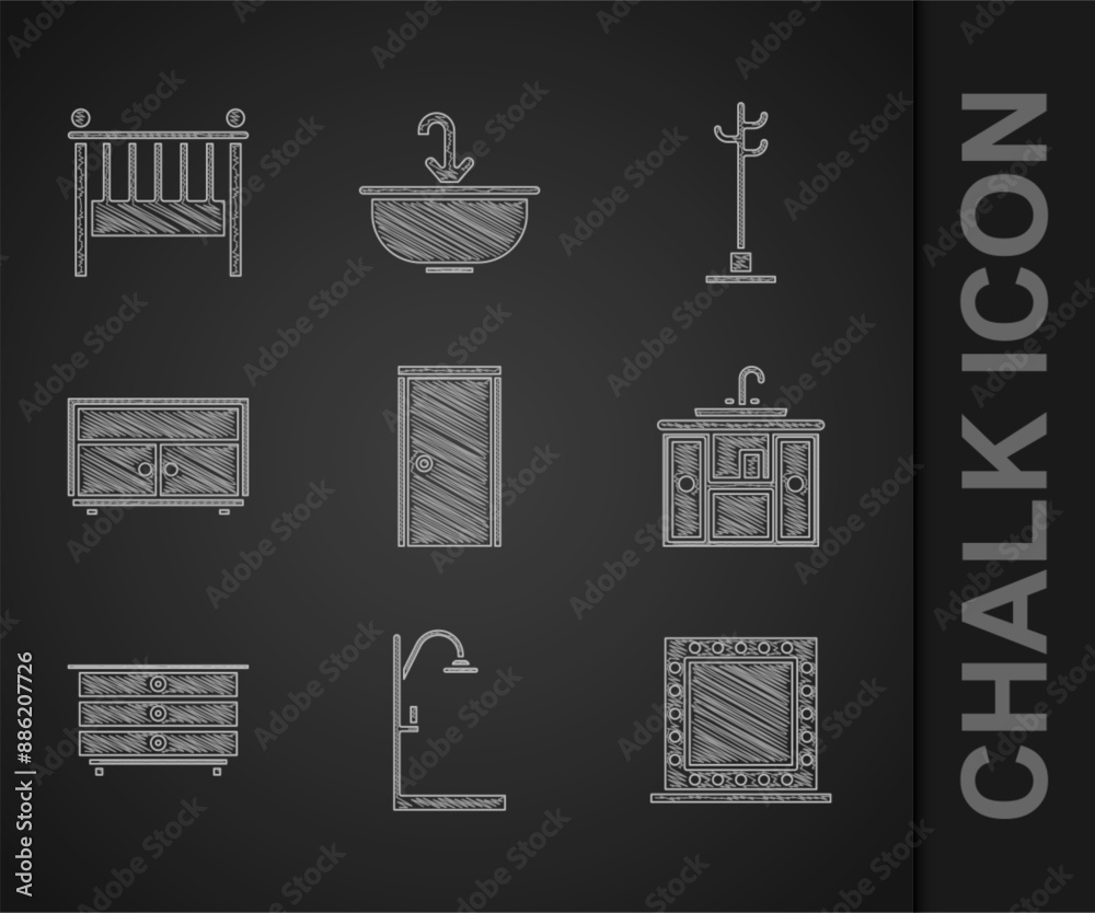 Set Closed door, Shower, Makeup mirror with lights, Washbasin cabinet tap, Chest of drawers, Coat stand and Baby crib cradle bed icon. Vector Set Closed door, Shower, Makeup mirror with lights, Washbasin cabinet tap, Chest of drawers, Coat stand and Baby crib cradle bed icon. Vector