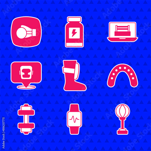 Set Sport boxing shoes, Smart watch with heart, Punching bag, Mouth guard boxer, Dumbbell, Boxing helmet, ring and glove icon. Vector