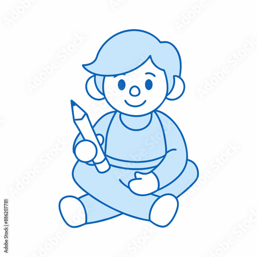 An outline-only illustration of a child sitting with a pen in one hand, ready to draw or write.