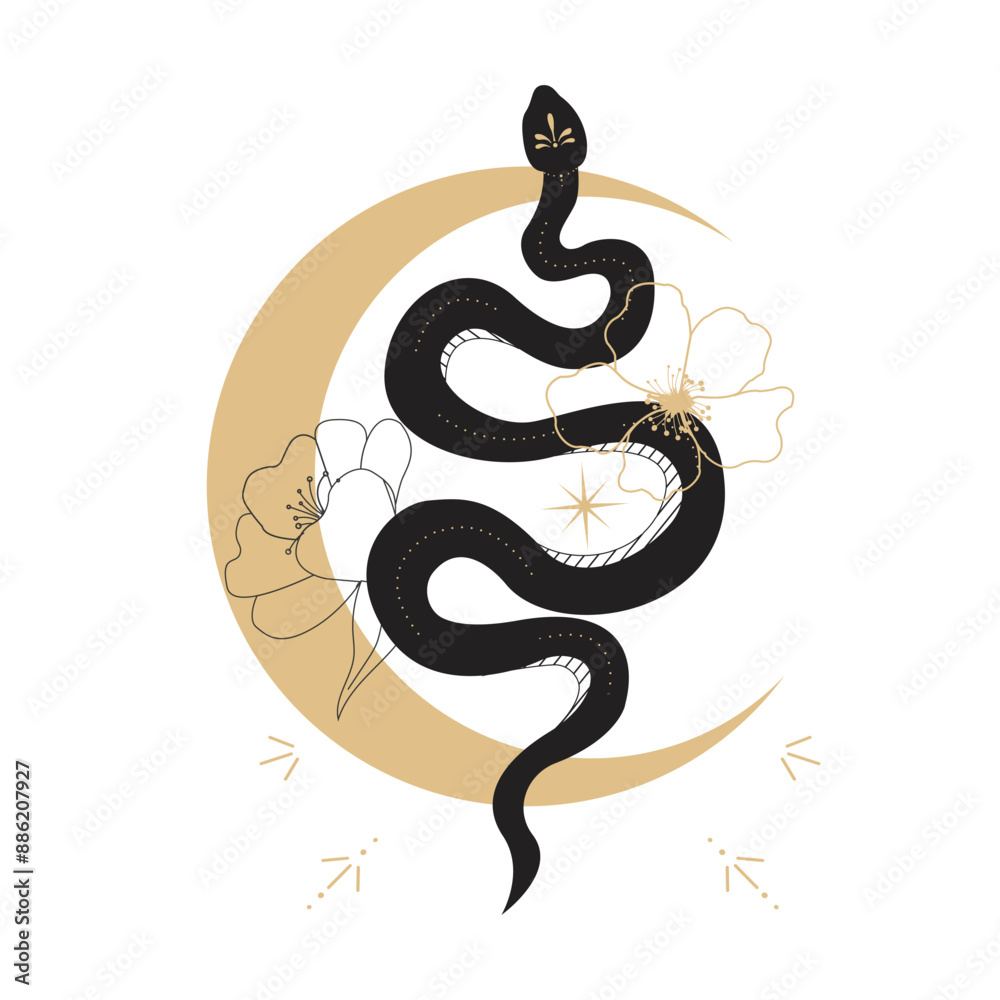 Celestial serpent snake, esoteric tarot or tattoo mystery sacred symbol with gold moon and line flower. Linocut style boho. Occultism and religion, sacred rites and sacrifice. Reptile Celestial serpent snake, esoteric tarot or tattoo mystery sacred symbol with gold moon and line flower. Linocut style boho. Occultism and religion, sacred rites and sacrifice. Reptile