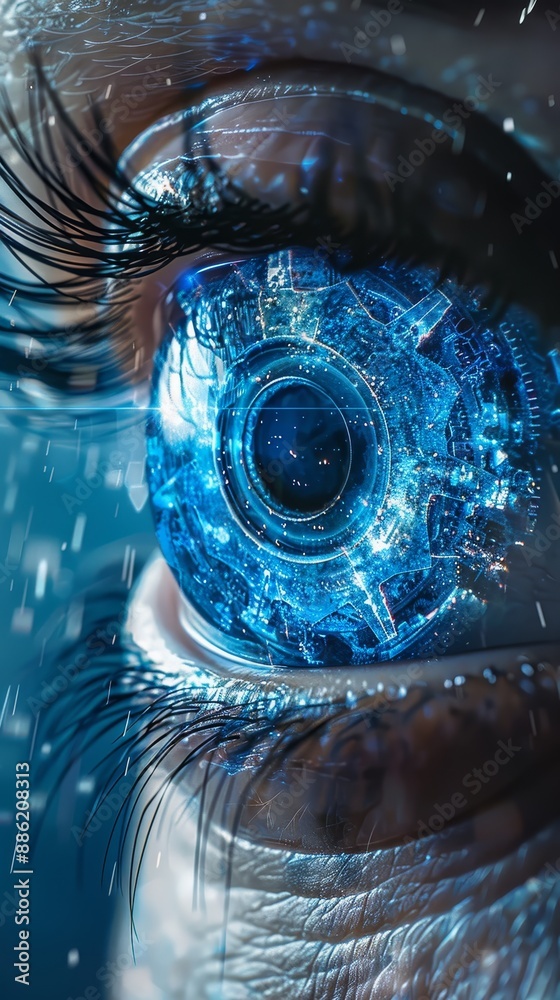 Close-up of a futuristic human eye with digital elements, representing cybernetic enhancement and technological integration. Close-up of a futuristic human eye with digital elements, representing cybernetic enhancement and technological integration.