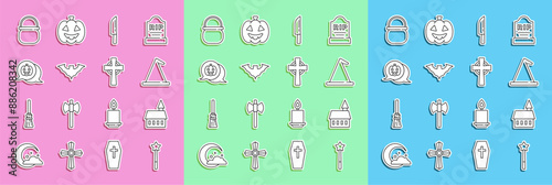 Wallpaper Mural Set line Magic wand, Castle, Witch hat, Knife, Flying bat, Pumpkin, Halloween witch cauldron and Tombstone with cross icon. Vector Torontodigital.ca