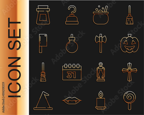 Set line Lollipop, Tombstone with cross, Pumpkin, Halloween witch cauldron, Bomb ready explode, Meat chopper, Bottle potion and Wooden axe icon. Vector
