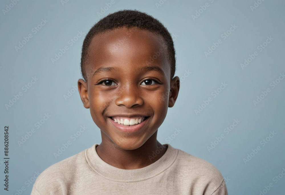 Portrait view of a regular happy smiling Tanzania boy, ultra realistic, candid, social media, avatar image, plain solid background