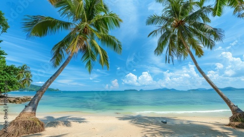 Picturesque view of the beach, blue sea, blue sky, coconut palms. photo