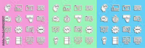 Set line UI or UX design, Website statistic, Online shopping on screen, Time money, Front end development and Keyboard icon. Vector
